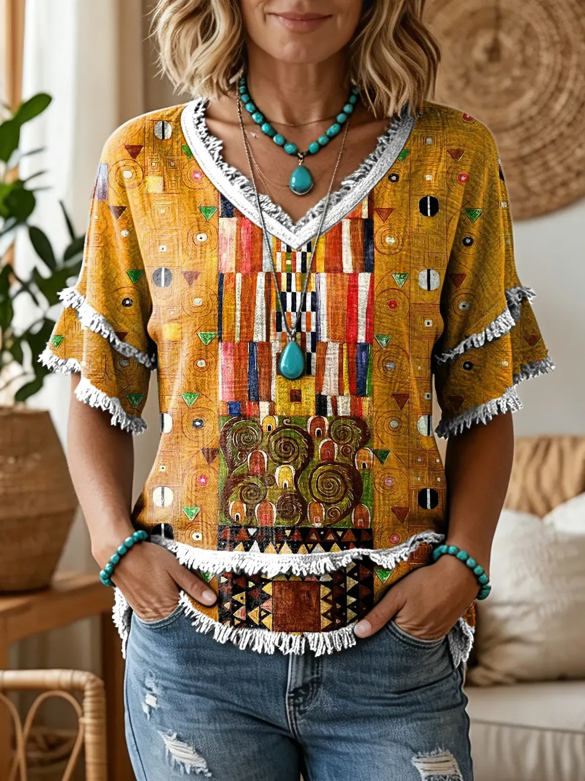 Women's Bohemian Abstract Geometric Print V-Neck Cotton Top with Tassels