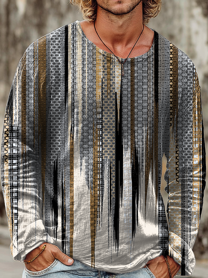 Mens Vintage Ethnic Geometric Stripe Art Print Casual Round Neck Pullover Cotton Shirt