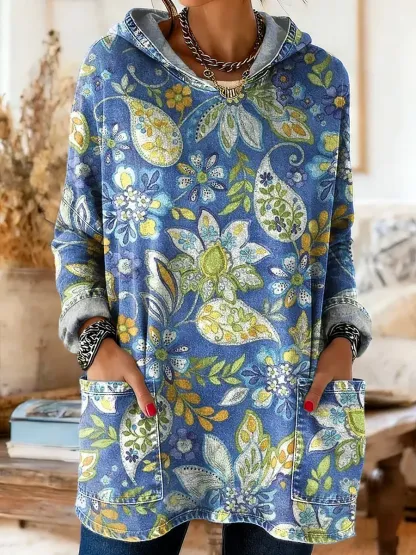 Women's Vintage Ethnic Floral Pattern Art Print Hooded Long Sleeve with Pockets