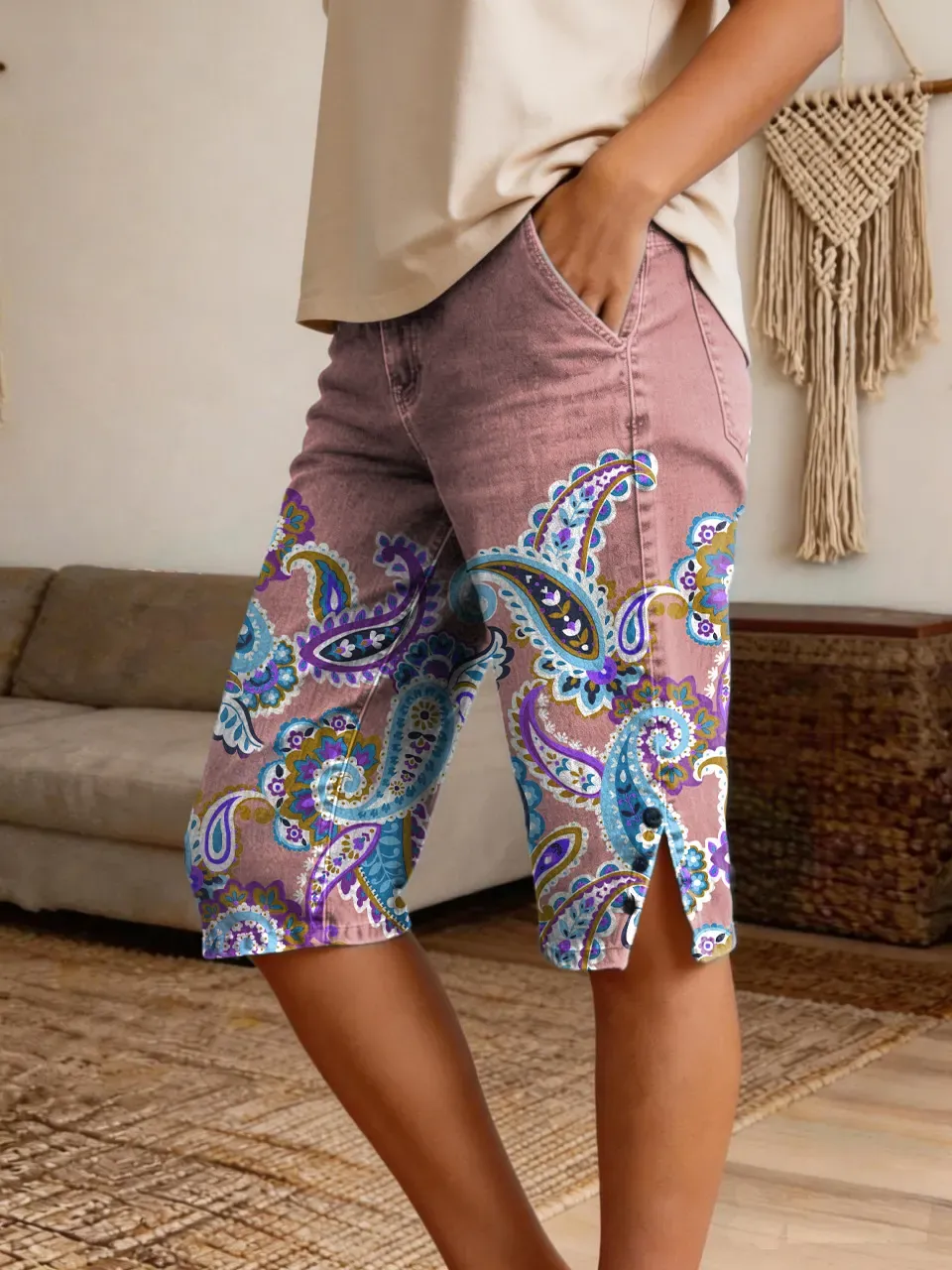 Women's Paisley Floral Art Print Casual Fashion Denim Shorts
