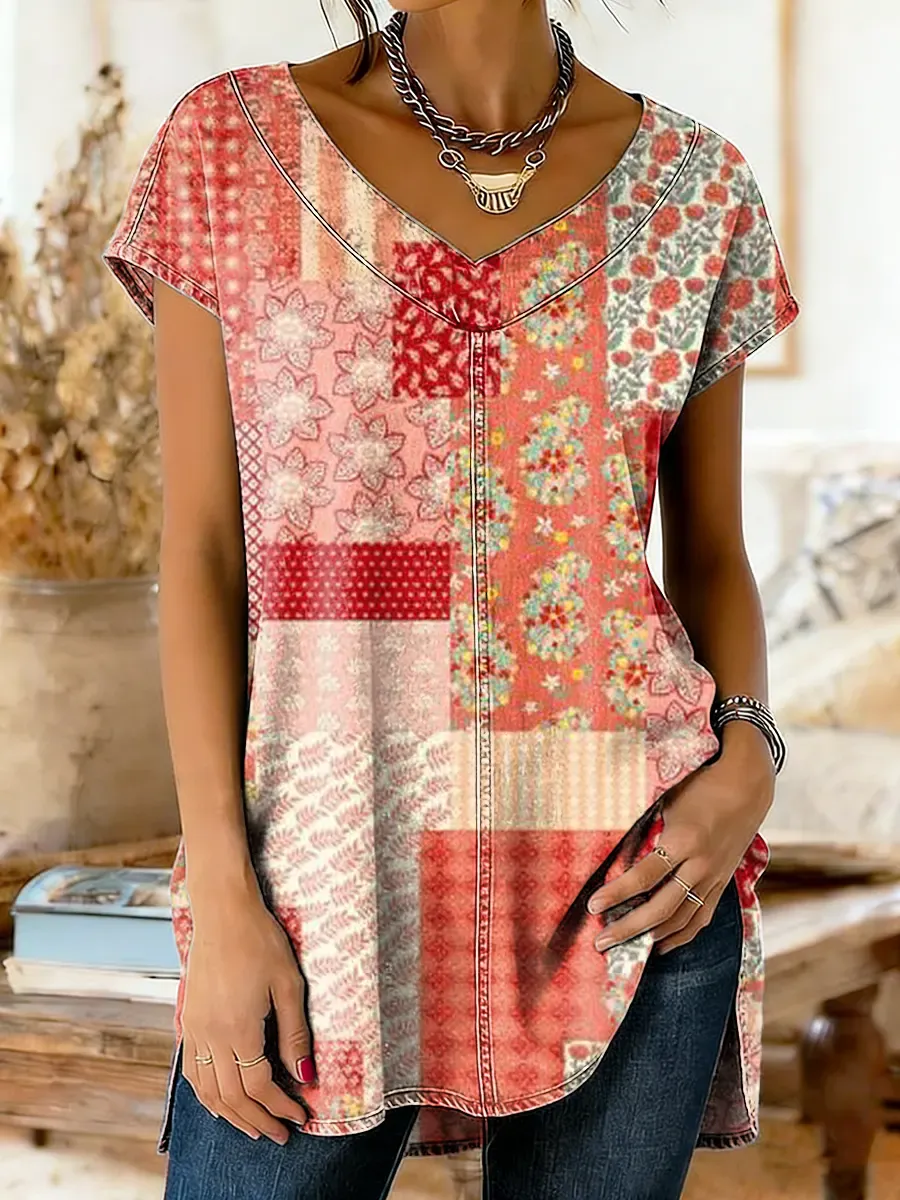 Women's Vintage Floral Art Print V-neck Denim Short-sleeve Top