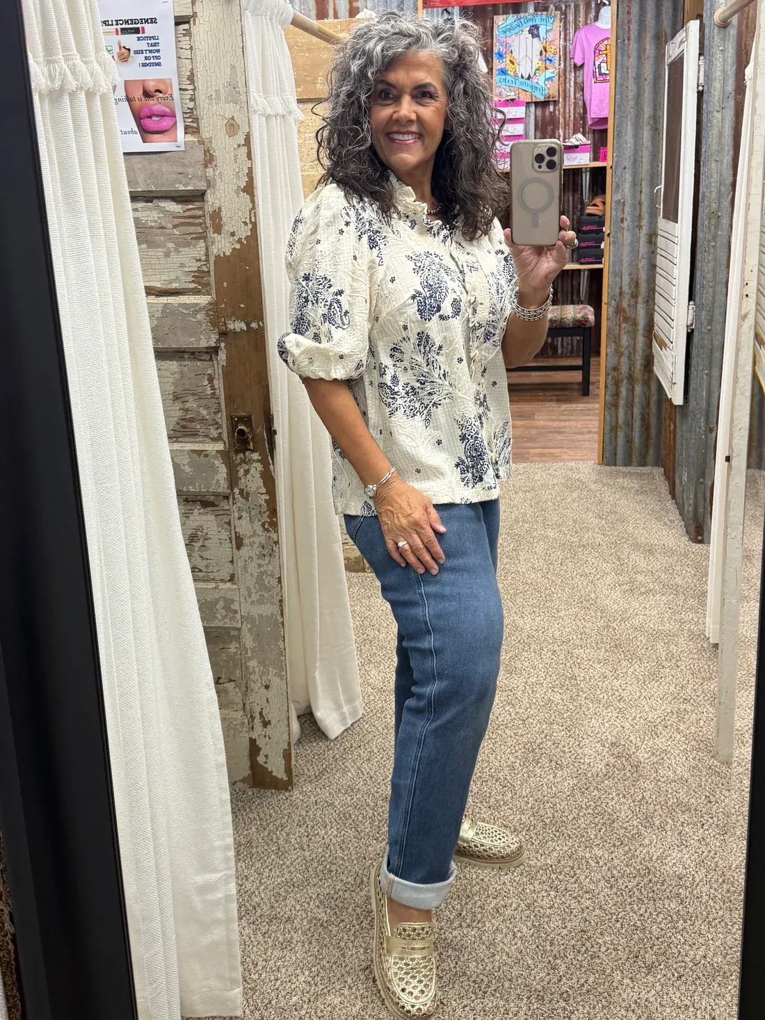 UMGEE Navy Floral Embroidered Blouse with Ruffle Trim