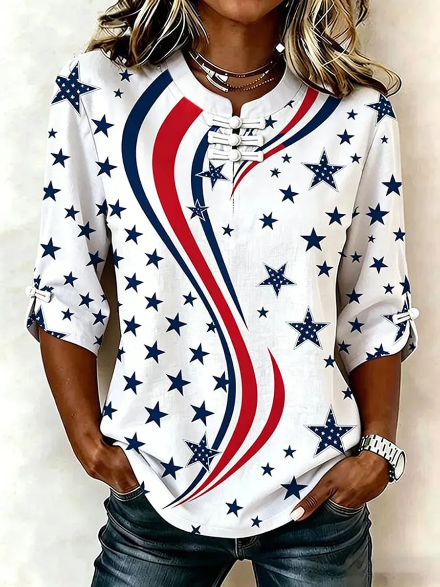 Women's Cotton Linen USA 250th Anniversary Print Shirt