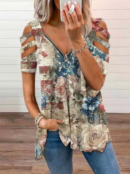 Women'S V-Neck Independence Day Retro Art Floral Graphic T-Shirt