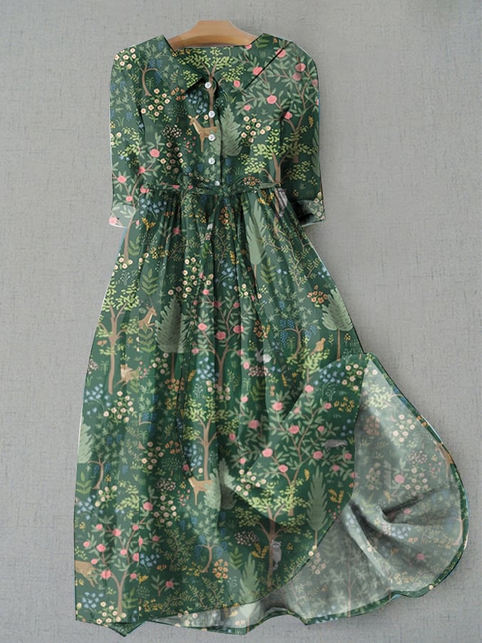 Women's Casual Forest Animal Plant Flower Cotton And Linen Dress