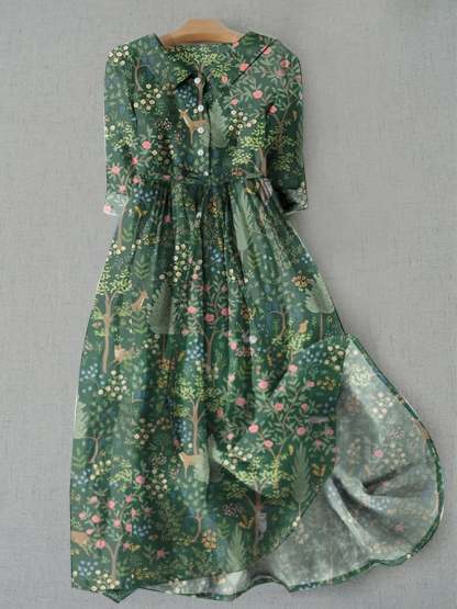 Women's Casual Forest Animal Plant Flower Cotton And Linen Dress