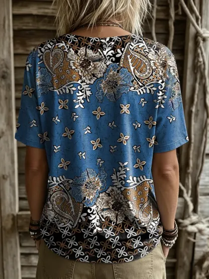 Women's Retro Ethnic Floral Print Round-neck Short-sleeve T-shirt