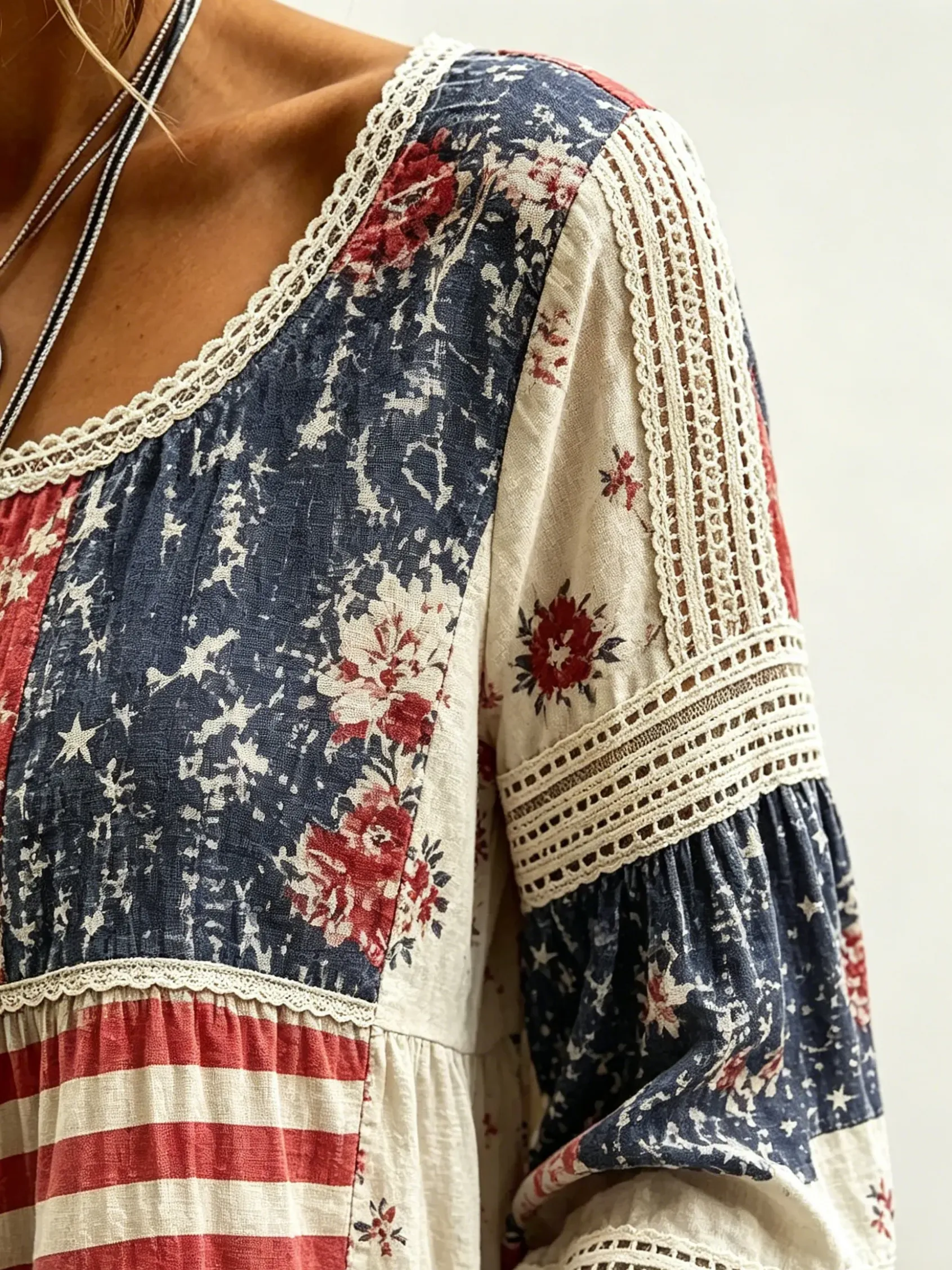 Women's American Flag Floral Lace Trim Long Sleeve Top