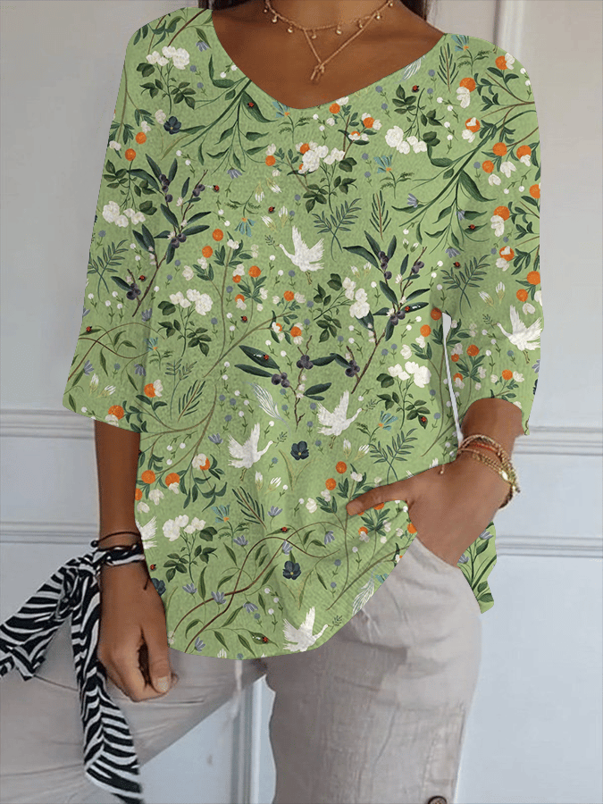 Women's Forest Plants Floral Cross Print Casual V-Neck T-Shirt