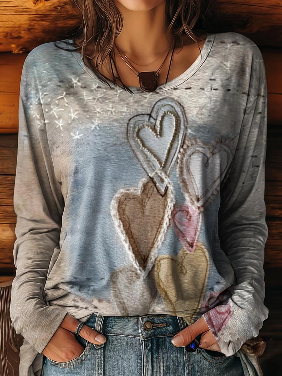Women's Retro Heart Collage Art Print Casual Round Neck Long Sleeve T-