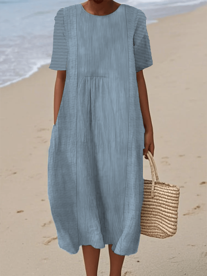 Women's Retro Striped Art Print Casual Round Neck Short Sleeve Dress