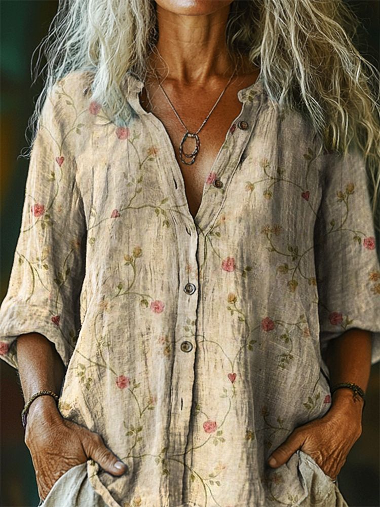 Women's Floral Pattern Art Print Casual Cotton Linen Shirt