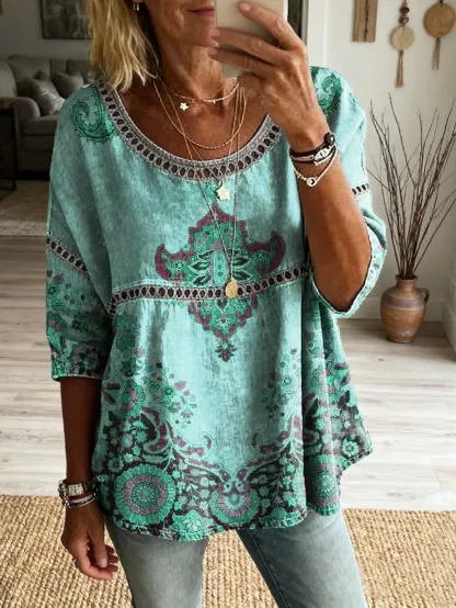 Women's Vintage Ethnic Floral Art Print Casual Round Neck Cutout Top