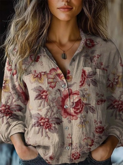 Women's Boho Vintage Floral  Print Casual Long Sleeve Comfortable Cotton Shirt