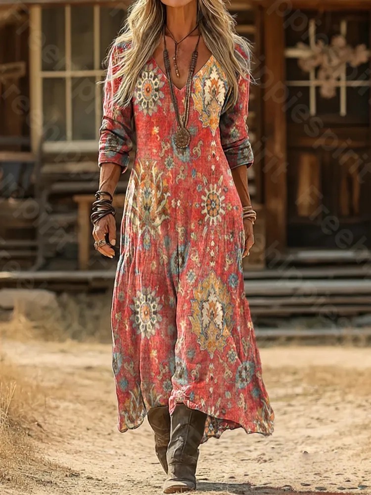 Women's Retro Ethnic Floral Art Print Pocket Cotton Dress