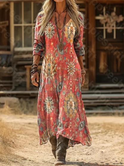 Women's Retro Ethnic Floral Art Print Pocket Cotton Dress