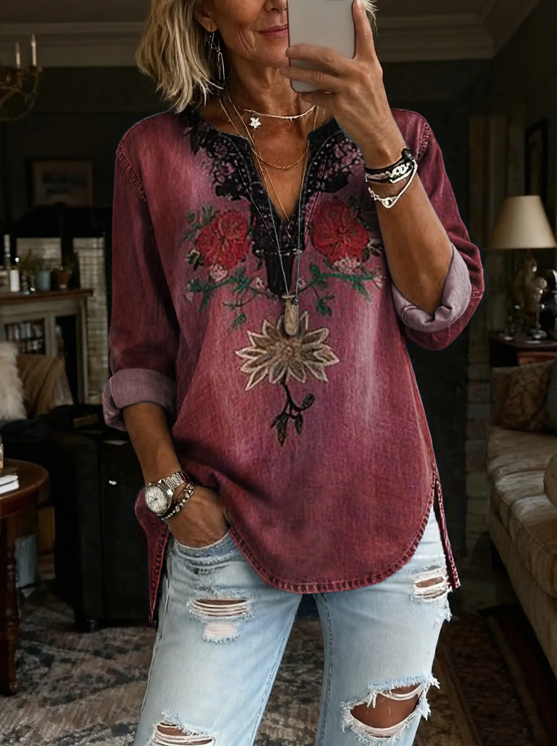 Women's Retro Ethnic Floral Art Print Casual V-Neck Washed Cotton Denim Top