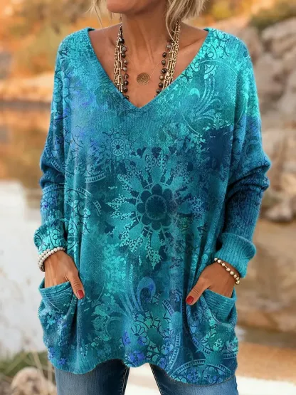 Women's Ethnic Totem Art Pattern Prints Casual V Neck Knitted Pocket Tunic Top
