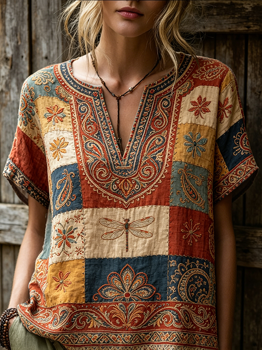 Women's Retro Bohemian Ethnic And Dragonfly Art Print Casual Short-sleeve V-neck Cotton Linen Shirt