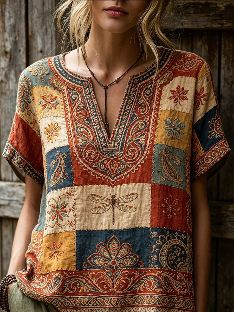 Women's Retro Bohemian Ethnic And Dragonfly Art Print Casual Short-sleeve V-neck Cotton Linen Shirt