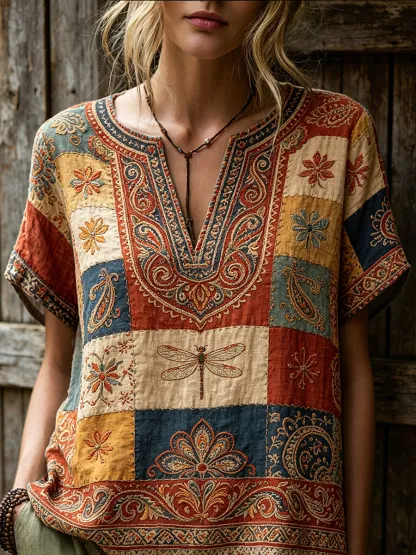 Women's Retro Bohemian Ethnic And Dragonfly Art Print Casual Short-sleeve V-neck Cotton Linen Shirt