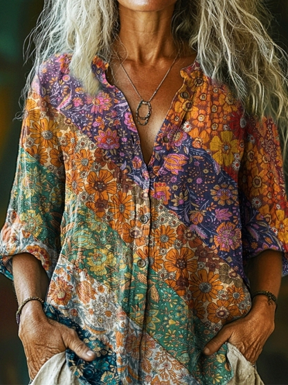 Women's Bohemian Floral Collage Art Pattern Print Casual Cotton Linen Shirt