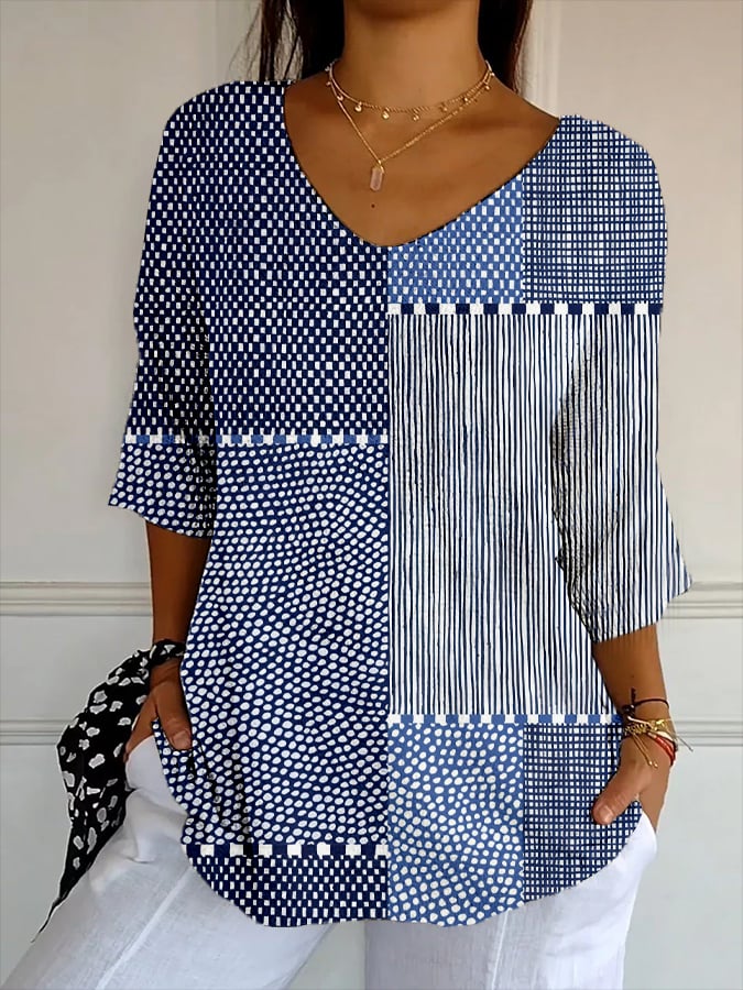 Women's Retro Abstract Geometric Line Art Print Casual Mid-Sleeve T-Shirt