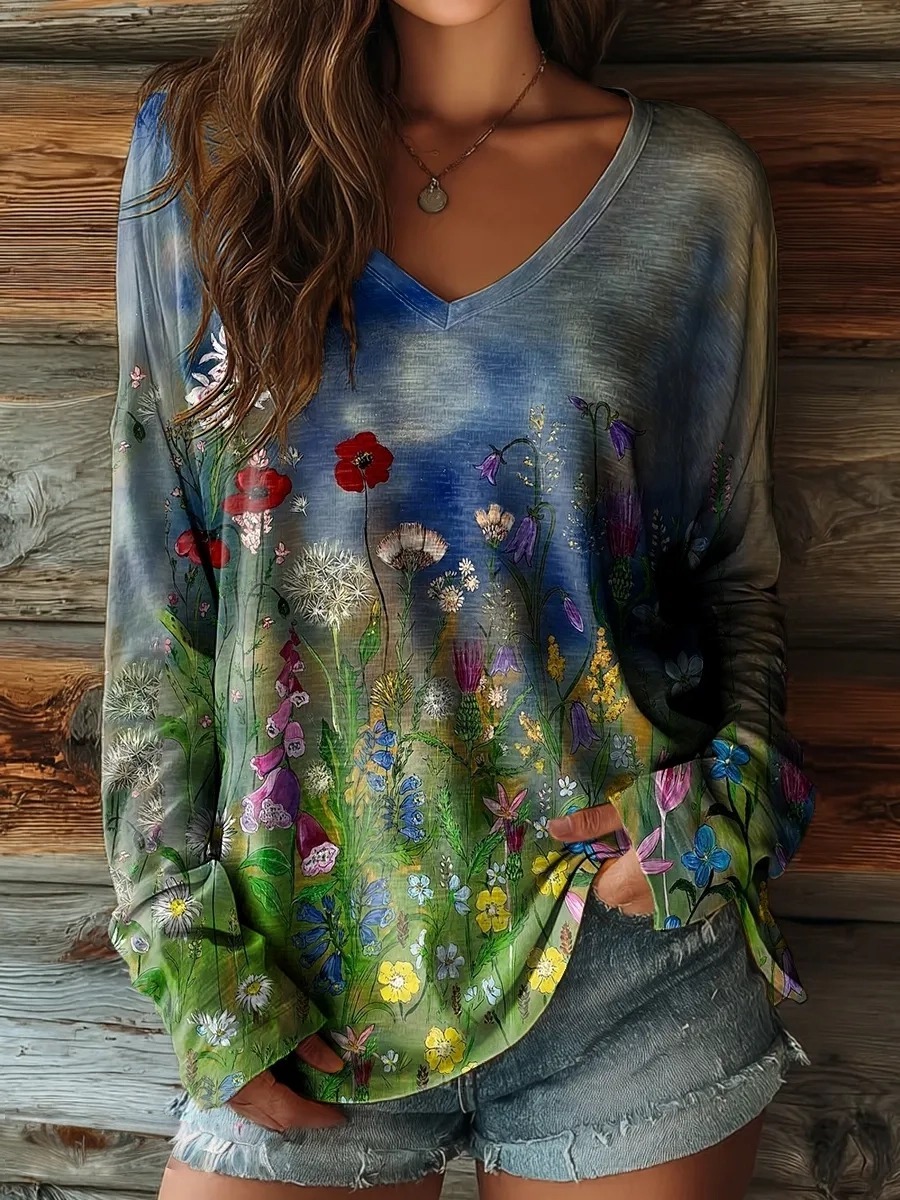 Women's Vintage Floral Print Casual V-neck Long Sleeve T-shirt