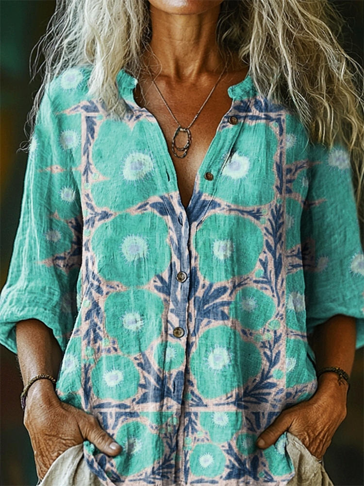 Women's Floral Pattern Art Print Casual Cotton Linen Shirt