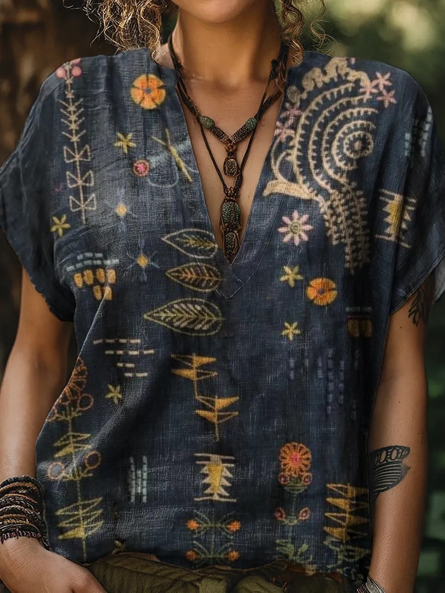 Women's Retro Ethnic Flowers Print Casual Cotton Short Sleeve V-neck Shirt