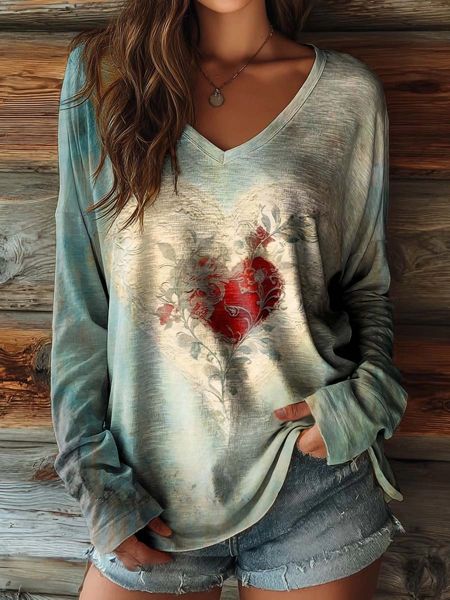 Women's Retro Heart Pattern Artistic Print Casual V-Neck Long Sleeve Top