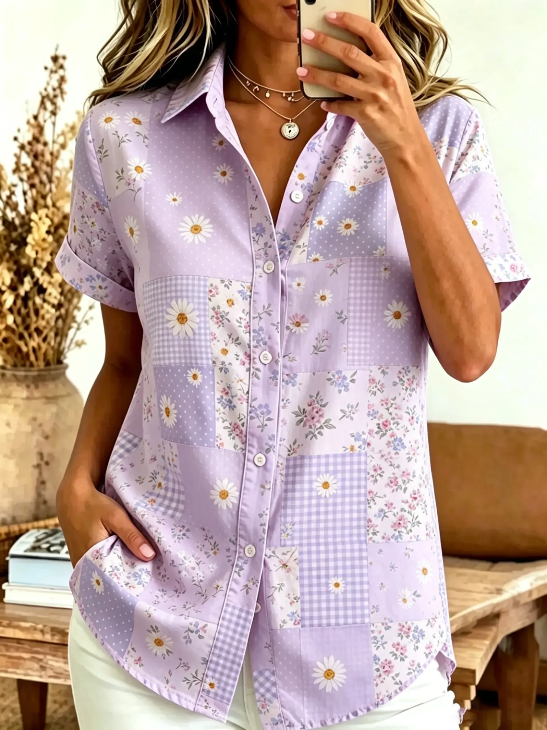 Women's Patchwork Floral & Gingham Print Cotton Short Sleeve Button-Down Shirt