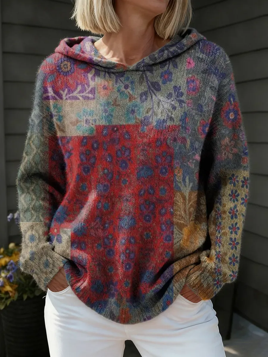 Women's Retro Floral Collage Art Print Comfortable Hooded Knit Sweater