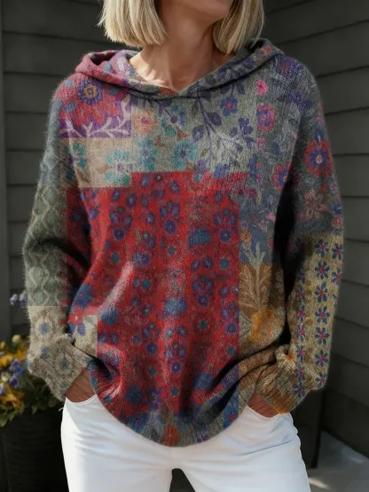 Women's Retro Floral Collage Art Print Comfortable Hooded Knit Sweater