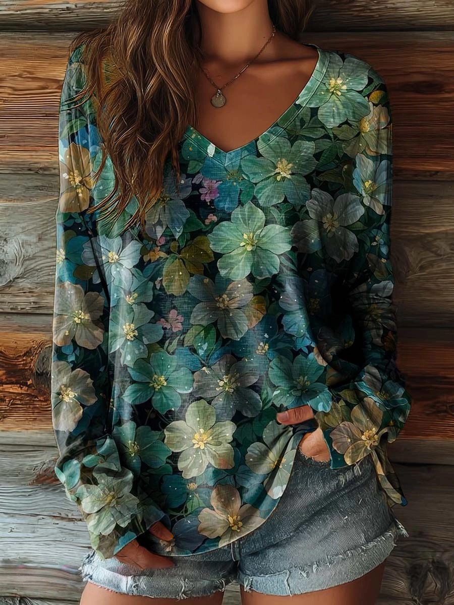 Women's Floral Pattern Artistic Print Casual V-Neck Long Sleeve T-Shir