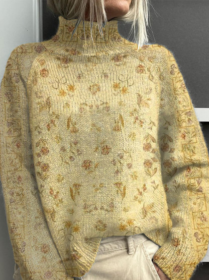 Vintage Floral Symmetry Art Print Knit Turtleneck Pullover Sweater
