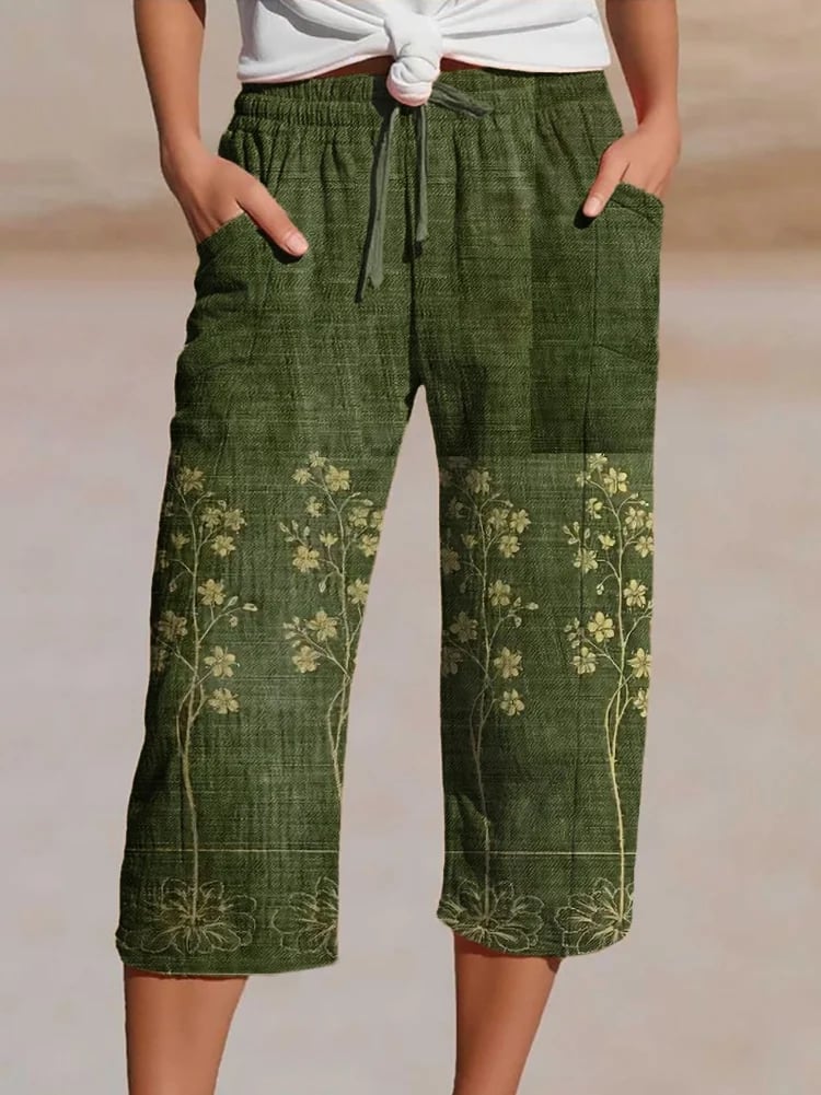 Women's Casual Cotton And Linen Printed 3-Point Pants(With Pockets)
