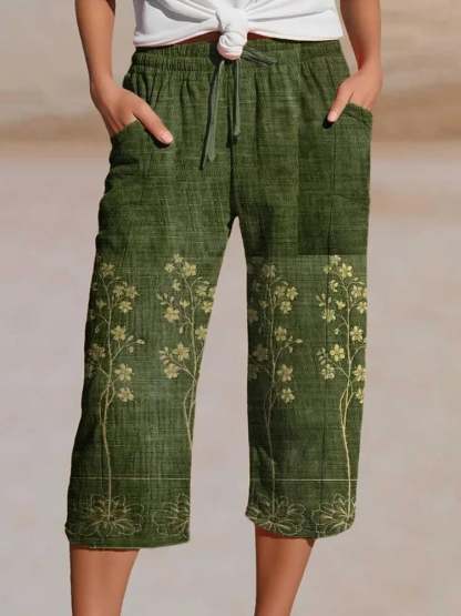 Women's Casual Cotton And Linen Printed 3-Point Pants(With Pockets)