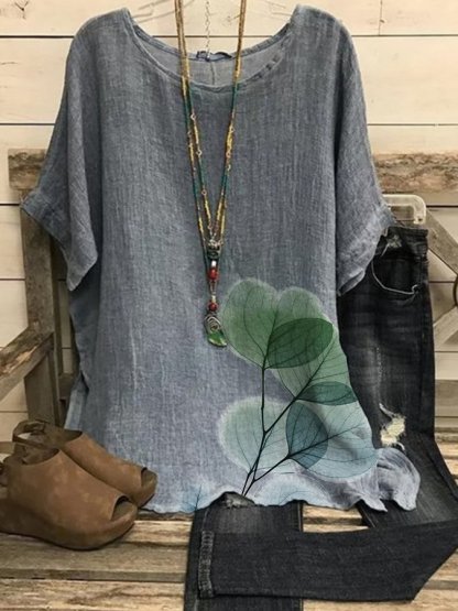 Women's Cotton Linen Floral Loose Casual T-Shirt