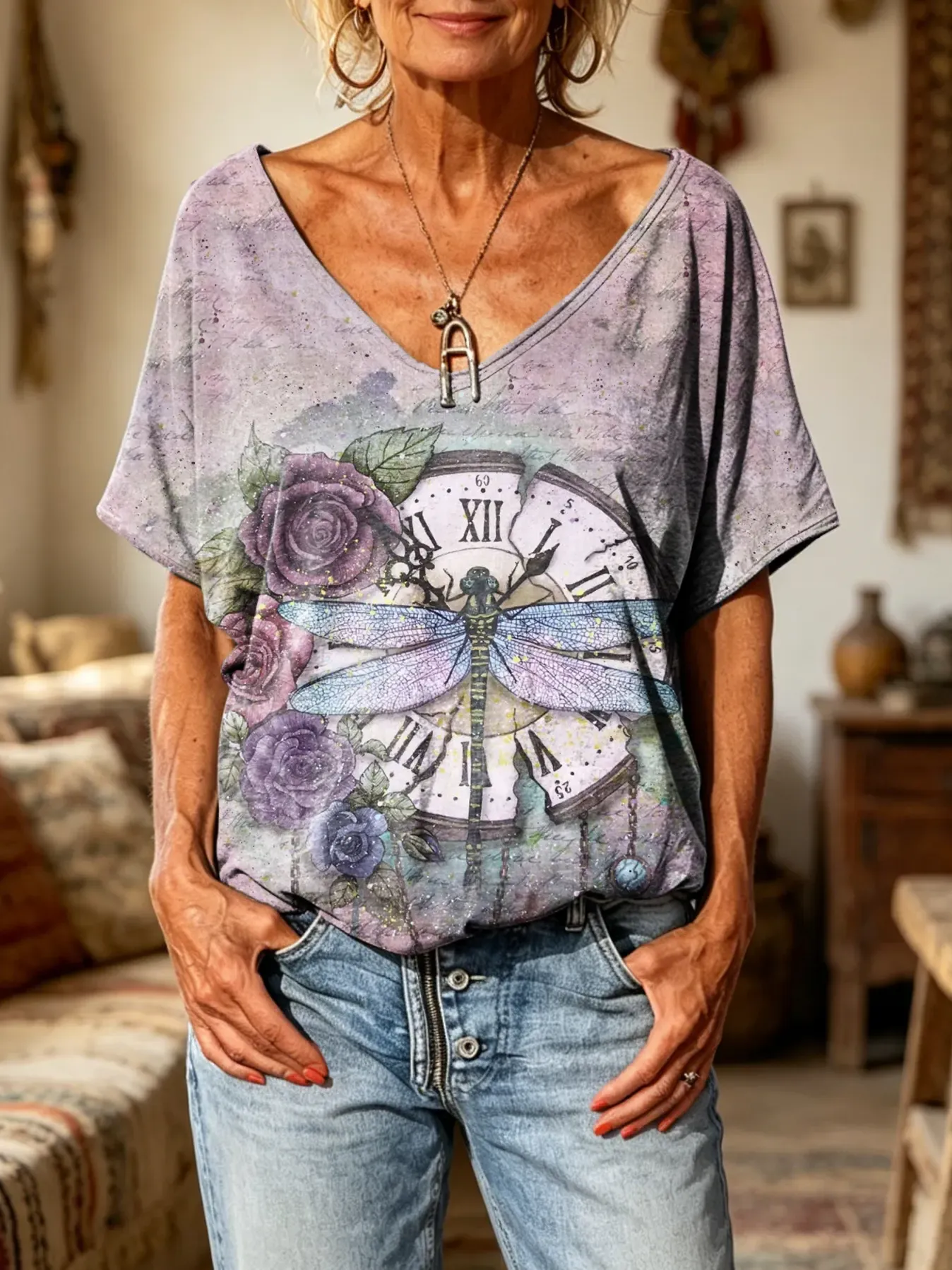 Women's Vintage Dragonfly Rose Clock Print V-Neck Casual Short Sleeve T-Shirt