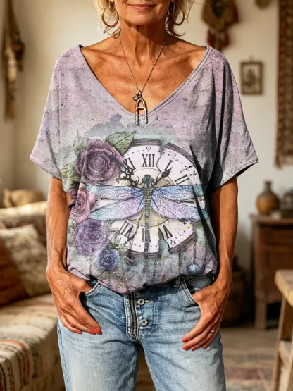 Women's Vintage Dragonfly Rose Clock Print V-Neck Casual Short Sleeve T-Shirt