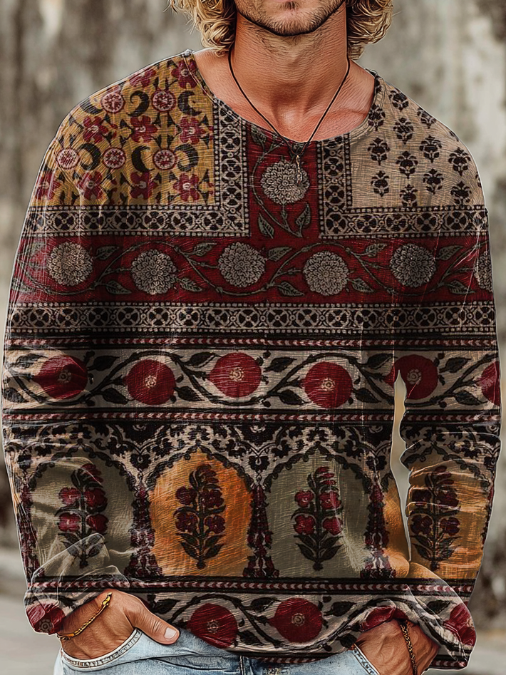 Mens Vintage Ethnic Floral Collage Art Print Casual Round Neck Pullover Cotton Shirt