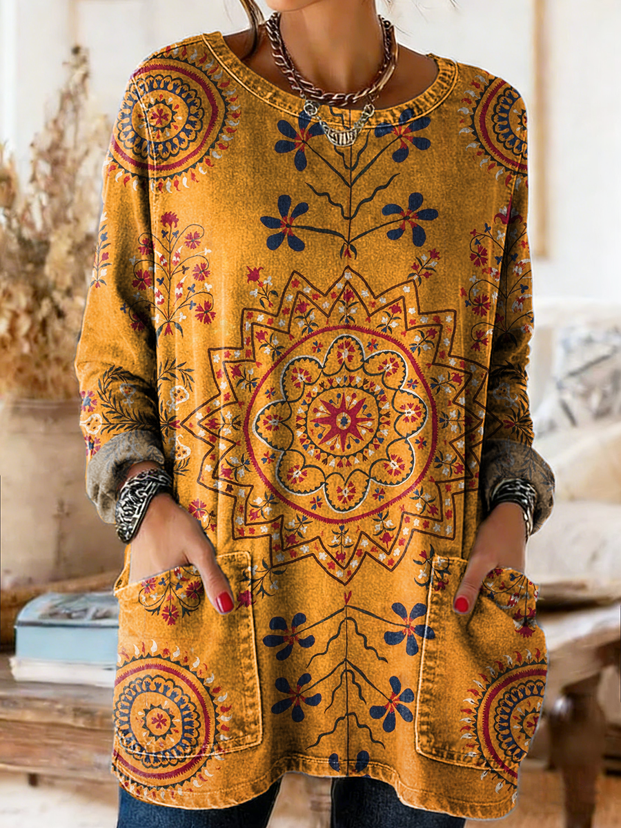 Womens Vintage Ethnic Yellow Floral Totem Art Prints Casual Round Neck Pocket Denim Shirt