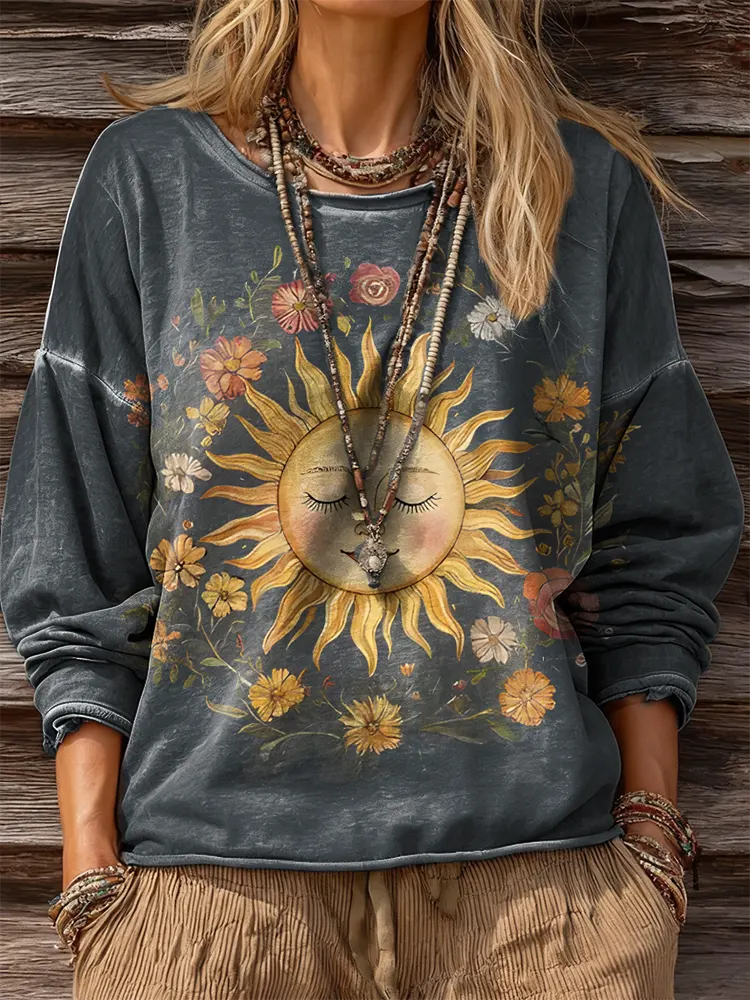 Ethnic Sun Flower Women's Art Print Casual Long Sleeve T-shirt
