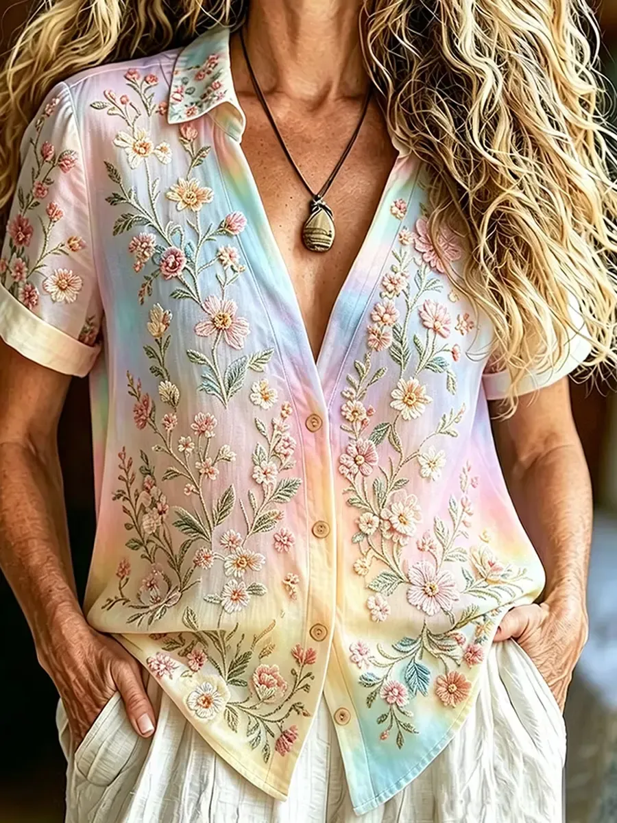 Women's Pastel Ombre Floral Print Button-Down Shirt