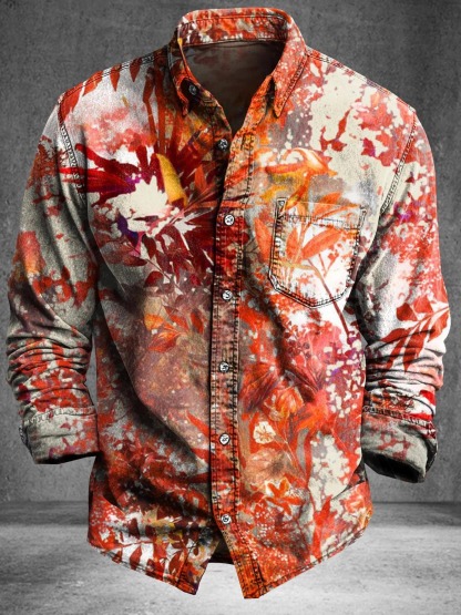 Vintage Abstract Gradient Leaves Totem Art Print Cotton Long Sleeve Shirt