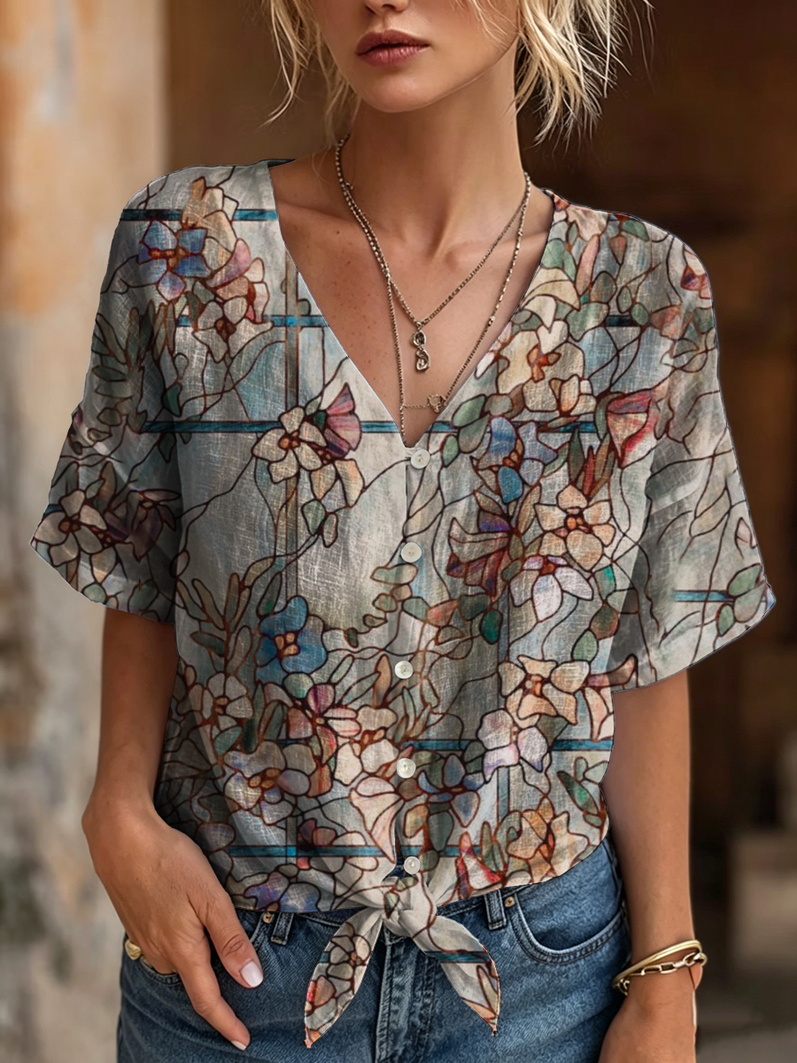 Women's Retro Floral Art Print Casual Short-sleeve V-neck Cotton Linen Cardigan Shirt