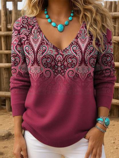 Women's Retro Western Print Drop Shoulder Sweater