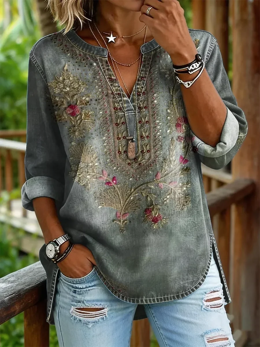 Women's Vintage Floral Print Casual V-neck Washed Cotton Denim Shirt