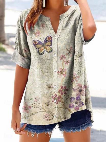 Women's Casual Retro Butterfly Floral Cotton And Linen Shirt